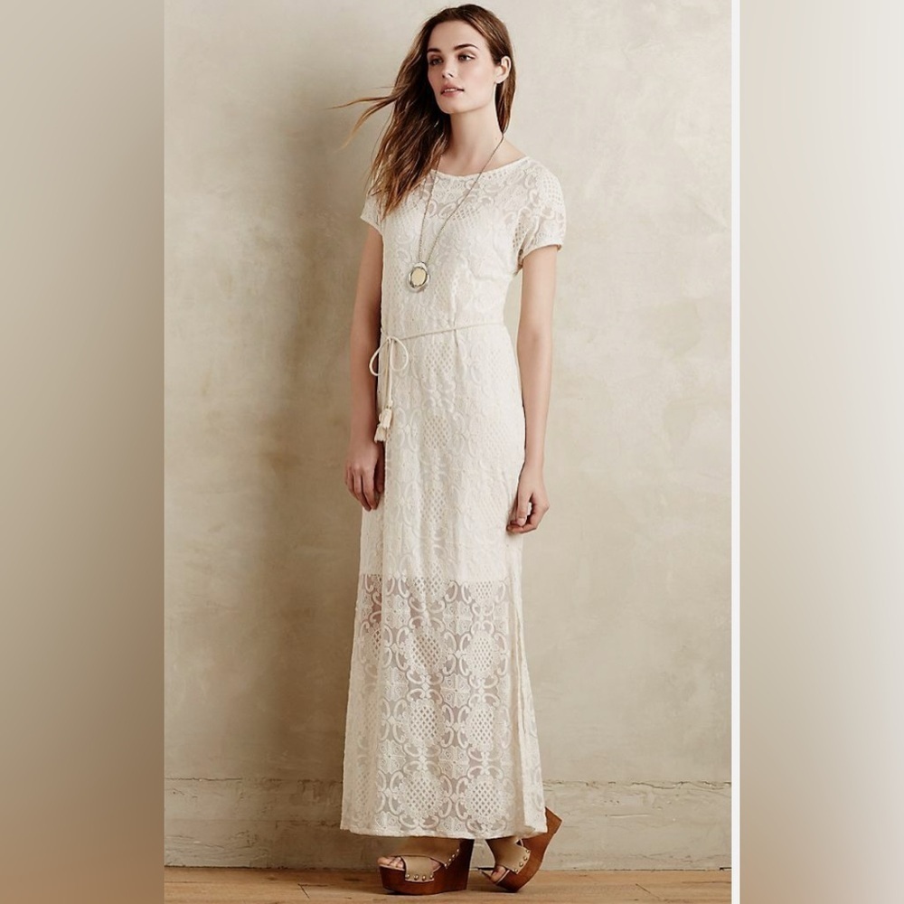 Anthropologie Lilka Bellflower Lace Maxi Dress, Ivory/Cream, Medium Petite